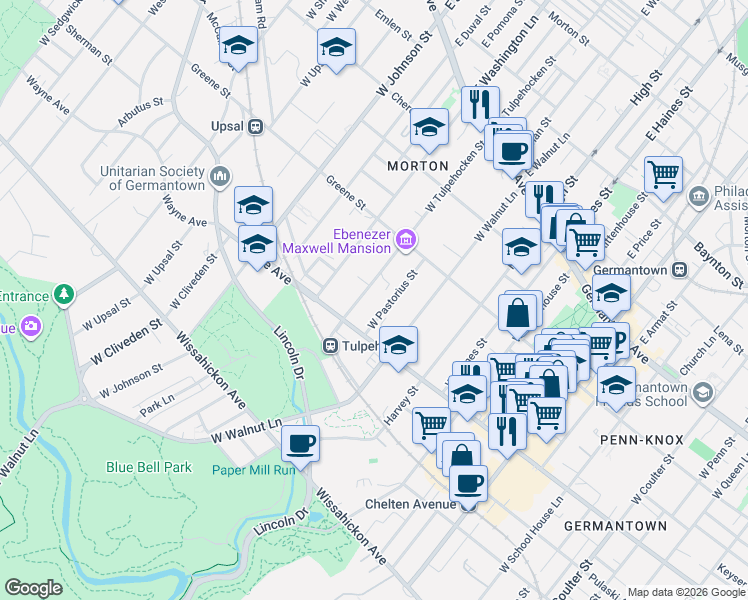 map of restaurants, bars, coffee shops, grocery stores, and more near 261 West Pastorius Street in Philadelphia