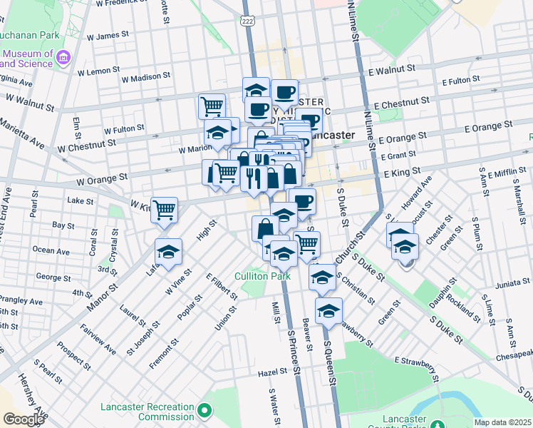 map of restaurants, bars, coffee shops, grocery stores, and more near 38 South Prince Street in Lancaster