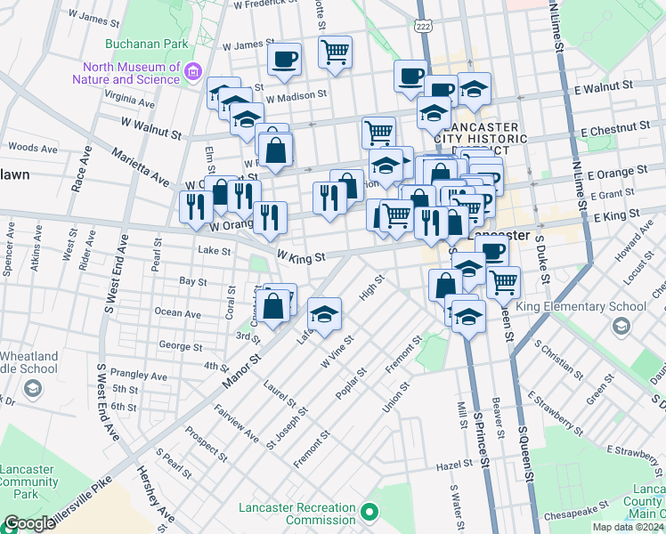 map of restaurants, bars, coffee shops, grocery stores, and more near 1 Campbell Avenue in Lancaster