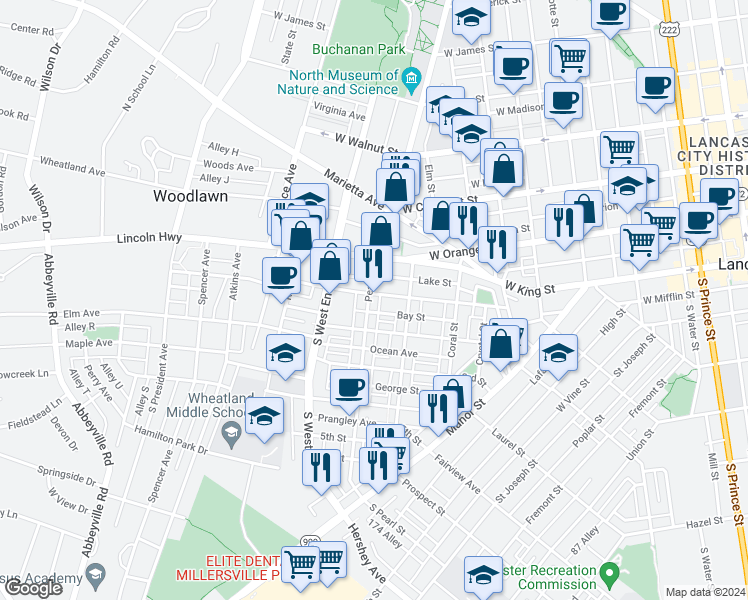 map of restaurants, bars, coffee shops, grocery stores, and more near 734 1st Street in Lancaster