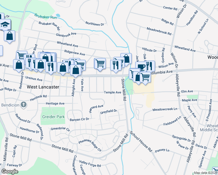 map of restaurants, bars, coffee shops, grocery stores, and more near 23 Cornell Avenue in Lancaster