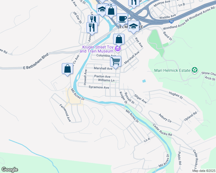 map of restaurants, bars, coffee shops, grocery stores, and more near 7 Sycamore Avenue in Wheeling