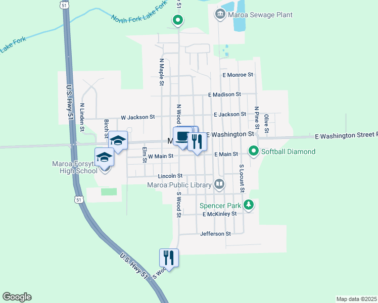 map of restaurants, bars, coffee shops, grocery stores, and more near 125 West Main Street in Maroa