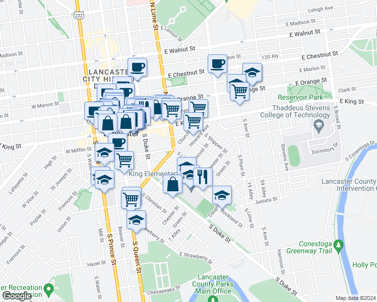 map of restaurants, bars, coffee shops, grocery stores, and more near 135 Howard Avenue in Lancaster