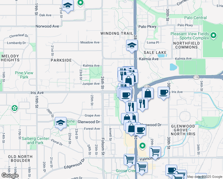 map of restaurants, bars, coffee shops, grocery stores, and more near in Boulder