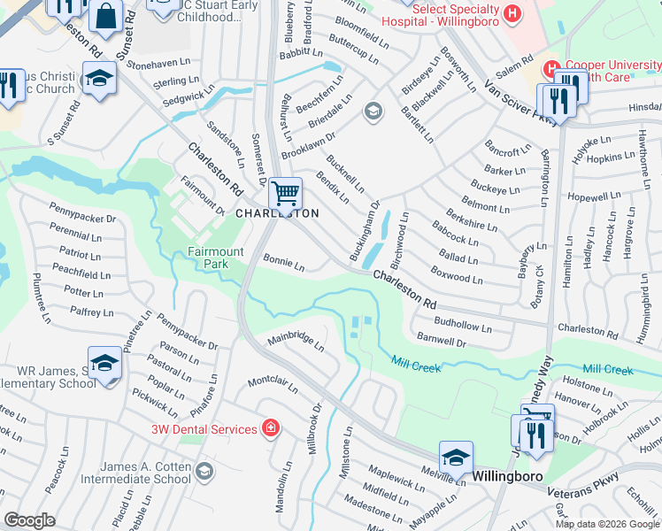 map of restaurants, bars, coffee shops, grocery stores, and more near 1 Bonnie Lane in Willingboro