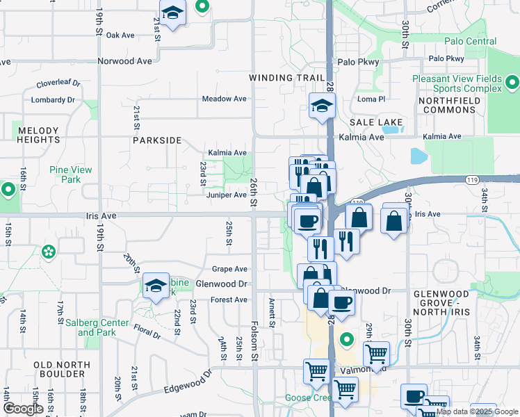 map of restaurants, bars, coffee shops, grocery stores, and more near 2606 Juniper Avenue in Boulder