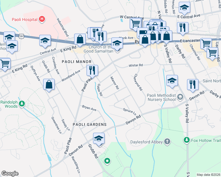 map of restaurants, bars, coffee shops, grocery stores, and more near 108 Lynbrook Road in Paoli