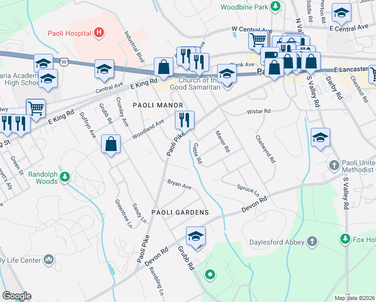 map of restaurants, bars, coffee shops, grocery stores, and more near 43 South Lloyd Avenue in Malvern