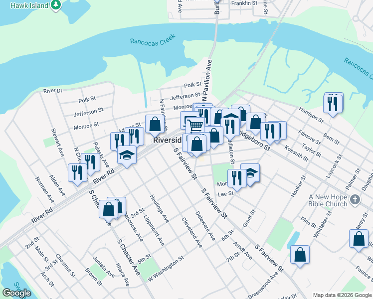 map of restaurants, bars, coffee shops, grocery stores, and more near 30 West Hancock Street in Riverside