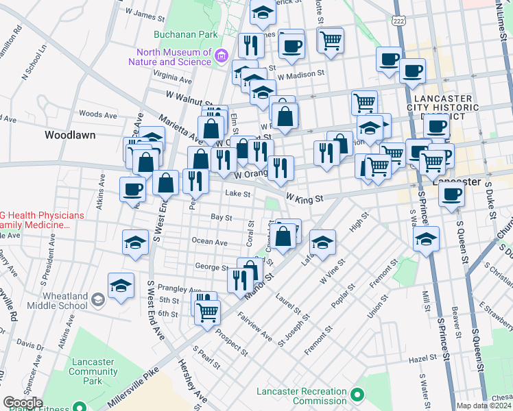 map of restaurants, bars, coffee shops, grocery stores, and more near 33 Coral Street in Lancaster