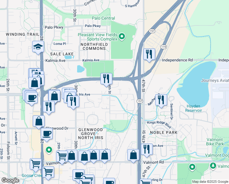 map of restaurants, bars, coffee shops, grocery stores, and more near 3400 Penrose Place in Boulder