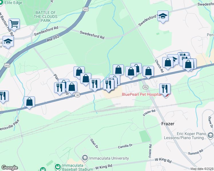 map of restaurants, bars, coffee shops, grocery stores, and more near 497 Lancaster Avenue in Malvern
