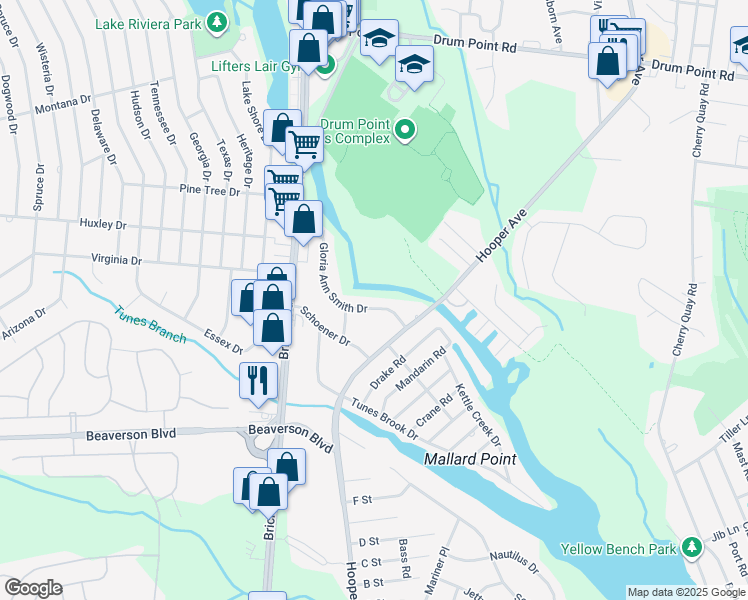 map of restaurants, bars, coffee shops, grocery stores, and more near 62 Gloria Ann Smith Drive in Brick