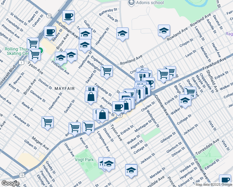 map of restaurants, bars, coffee shops, grocery stores, and more near 3402 Saint Vincent Street in Philadelphia