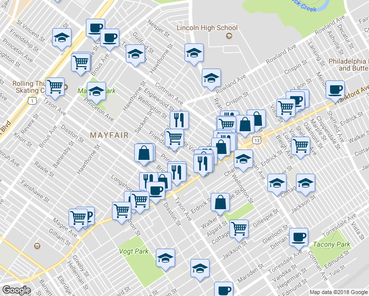 map of restaurants, bars, coffee shops, grocery stores, and more near 3402 Saint Vincent Street in Philadelphia