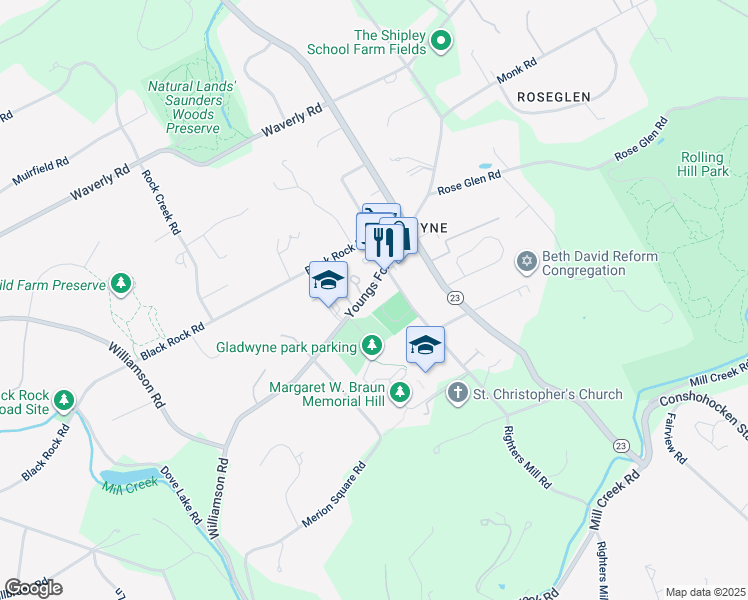 map of restaurants, bars, coffee shops, grocery stores, and more near 939 Youngs Ford Road in Gladwyne