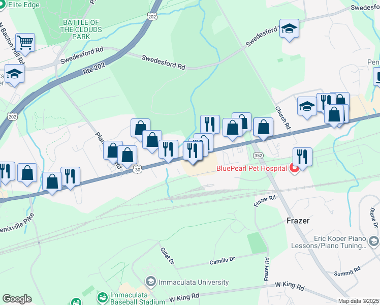 map of restaurants, bars, coffee shops, grocery stores, and more near 497 Lancaster Avenue in Malvern