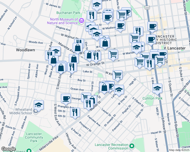 map of restaurants, bars, coffee shops, grocery stores, and more near 33 Coral Street in Lancaster