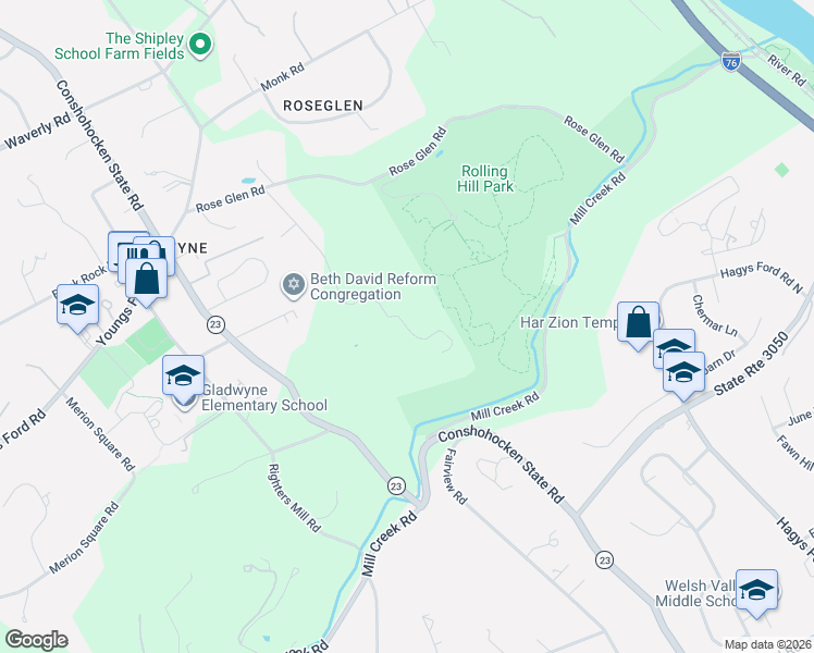 map of restaurants, bars, coffee shops, grocery stores, and more near 110 Maple Hill Road in Gladwyne