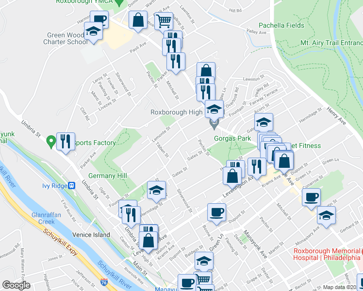 map of restaurants, bars, coffee shops, grocery stores, and more near Fountain Street in Philadelphia