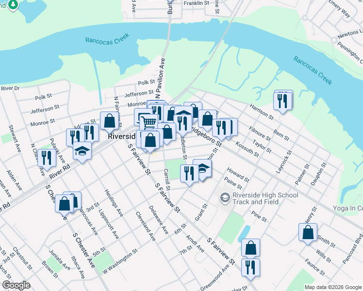 map of restaurants, bars, coffee shops, grocery stores, and more near 221 Middleton Street in Riverside