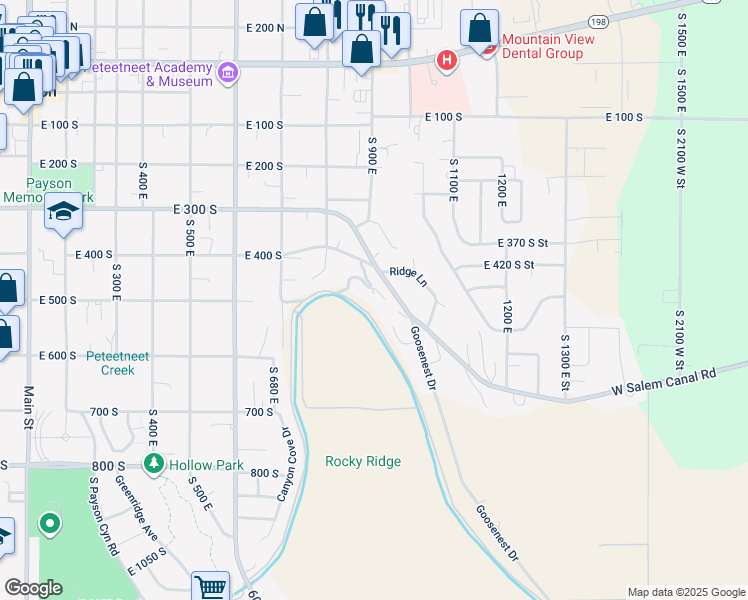 map of restaurants, bars, coffee shops, grocery stores, and more near 876 East 400 South in Payson