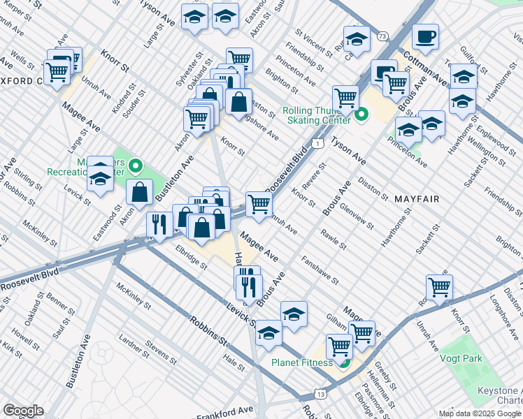 map of restaurants, bars, coffee shops, grocery stores, and more near 6679 East Roosevelt Boulevard in Philadelphia