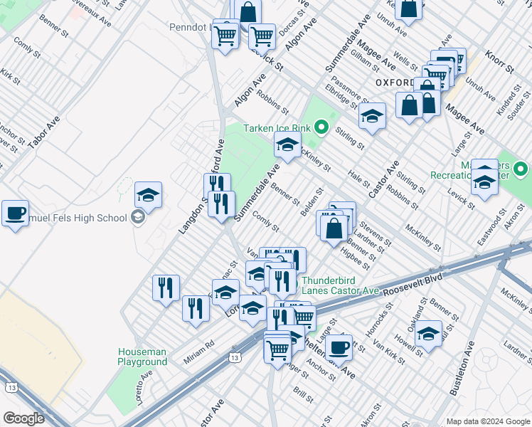 map of restaurants, bars, coffee shops, grocery stores, and more near 6008 Frontenac Street in Philadelphia