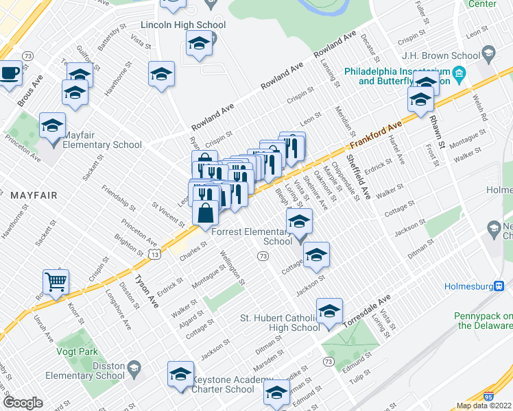 map of restaurants, bars, coffee shops, grocery stores, and more near 4020 Aldine Street in Philadelphia