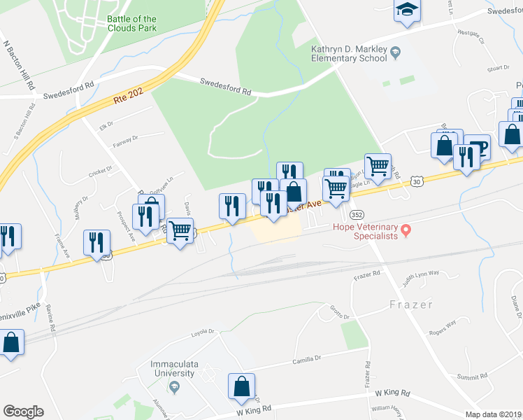 map of restaurants, bars, coffee shops, grocery stores, and more near 497 Lancaster Avenue in Malvern
