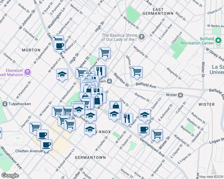 map of restaurants, bars, coffee shops, grocery stores, and more near 5539 Lena Street in Philadelphia