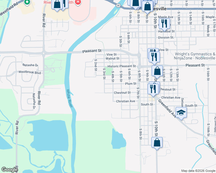 map of restaurants, bars, coffee shops, grocery stores, and more near 378 Chestnut Street in Noblesville