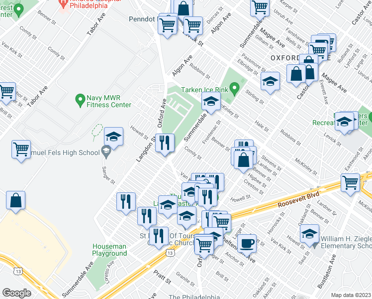 map of restaurants, bars, coffee shops, grocery stores, and more near 5962 Agusta Street in Philadelphia