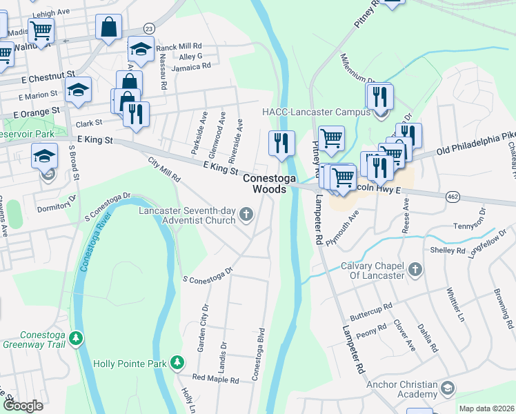 map of restaurants, bars, coffee shops, grocery stores, and more near 38 Conestoga Drive in Lancaster