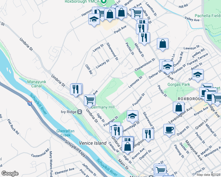 map of restaurants, bars, coffee shops, grocery stores, and more near 231 Parker Avenue in Philadelphia