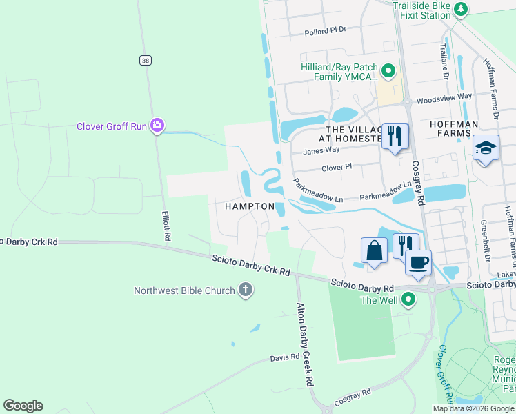 map of restaurants, bars, coffee shops, grocery stores, and more near 4244 Stream Bank Lane in Hilliard