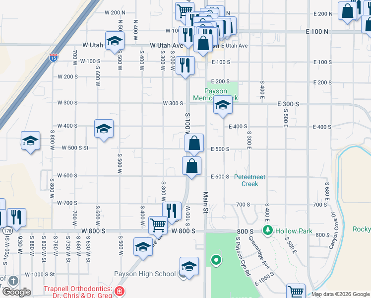 map of restaurants, bars, coffee shops, grocery stores, and more near 111 West 500 South in Payson