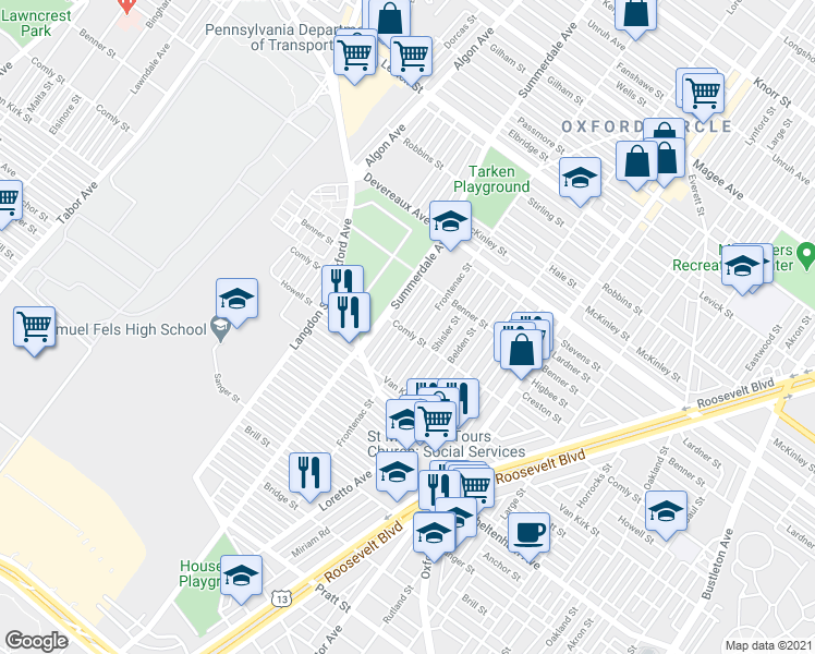map of restaurants, bars, coffee shops, grocery stores, and more near 6001 Agusta Street in Philadelphia