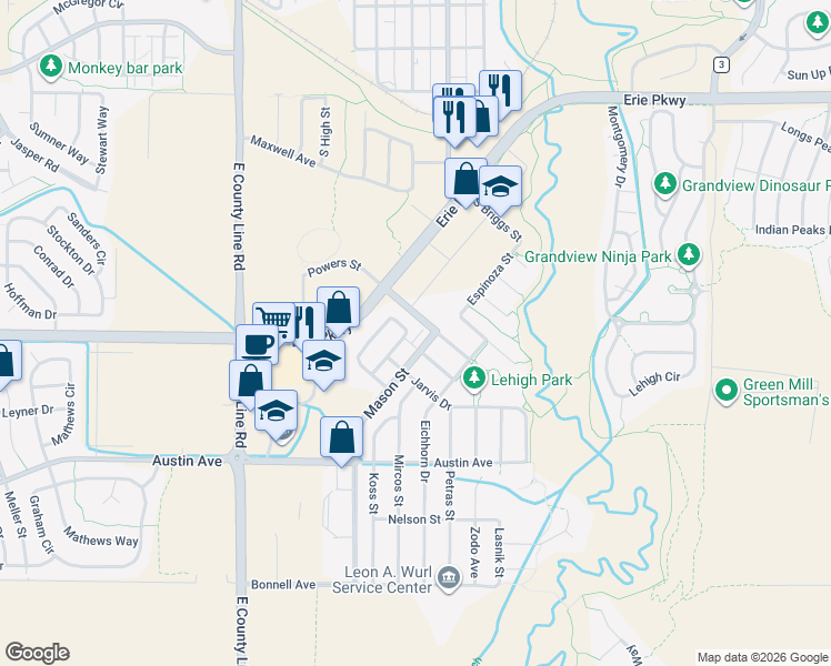 map of restaurants, bars, coffee shops, grocery stores, and more near 589 Gallegos Circle in Erie
