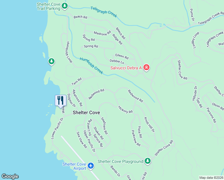 map of restaurants, bars, coffee shops, grocery stores, and more near 717 Redwood Road in Whitethorn