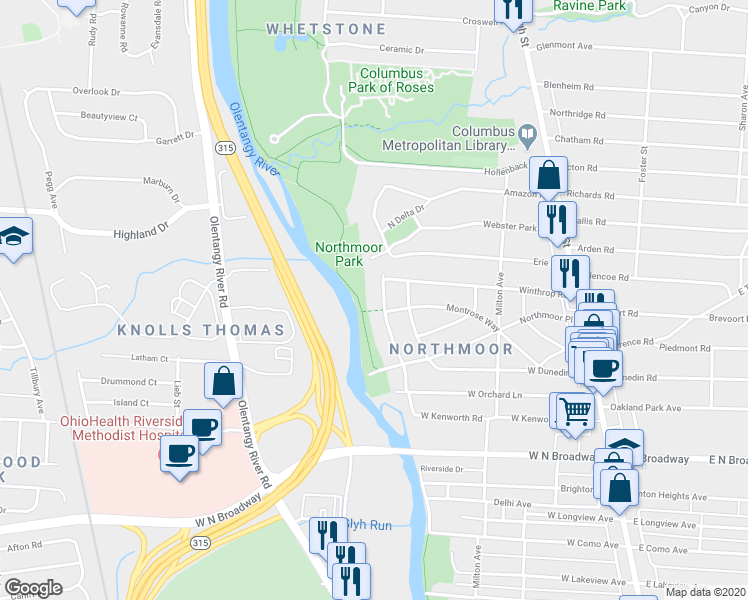 map of restaurants, bars, coffee shops, grocery stores, and more near 3711 Olentangy Boulevard in Columbus