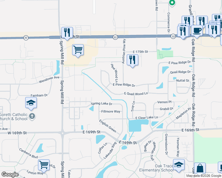 map of restaurants, bars, coffee shops, grocery stores, and more near 15 East Quail Wood Lane in Westfield