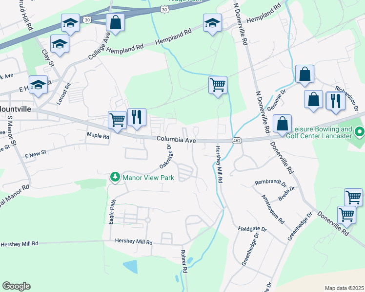 map of restaurants, bars, coffee shops, grocery stores, and more near 3902 Columbia Avenue in Mountville