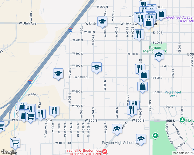 map of restaurants, bars, coffee shops, grocery stores, and more near 590 West 500 South in Payson