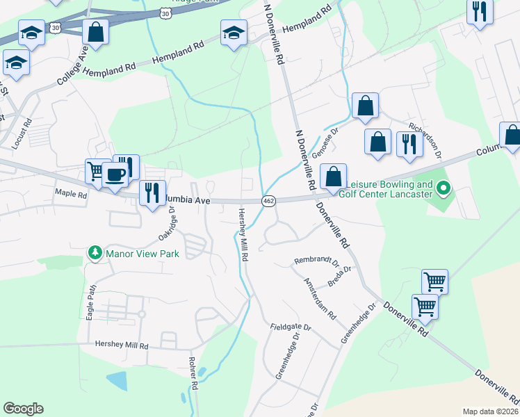 map of restaurants, bars, coffee shops, grocery stores, and more near 3754 Columbia Avenue in Mountville