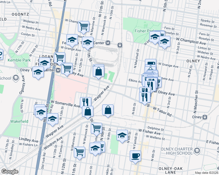 map of restaurants, bars, coffee shops, grocery stores, and more near 800 West Olney Avenue in Philadelphia
