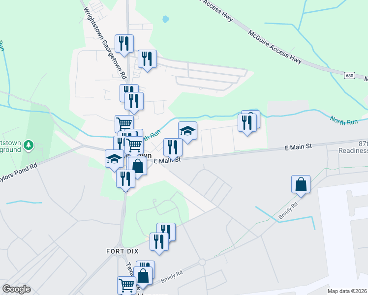 map of restaurants, bars, coffee shops, grocery stores, and more near 123 East Main Street in Wrightstown