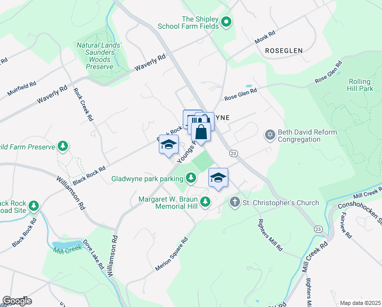 map of restaurants, bars, coffee shops, grocery stores, and more near 939 Youngs Ford Road in Gladwyne