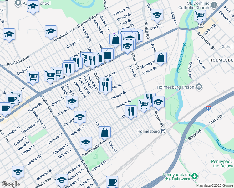 map of restaurants, bars, coffee shops, grocery stores, and more near 7754 Cottage Street in Philadelphia
